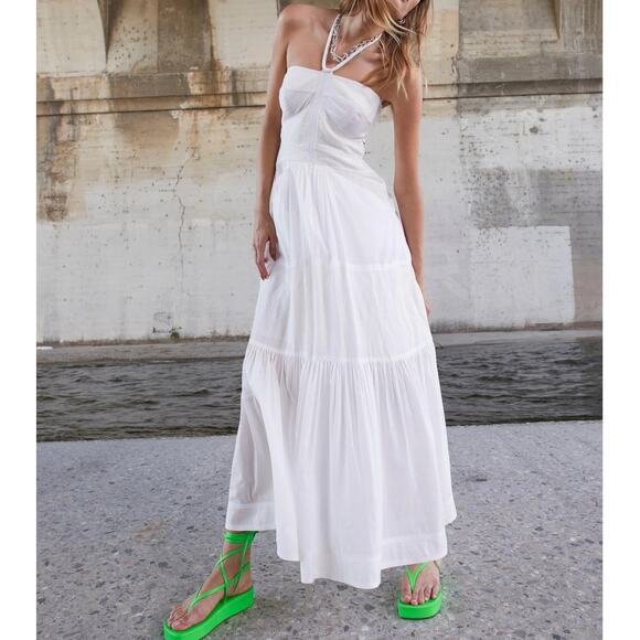 A.L.C. Adelle Dress Halter Tiered Smocked Maxi in White Ivory Shirred Voile Day - Picture 12 of 12